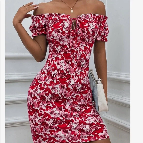 Boho Vibrant Red Floral Print Off Shoulder Bodycon Dress - Picture 3 of 8